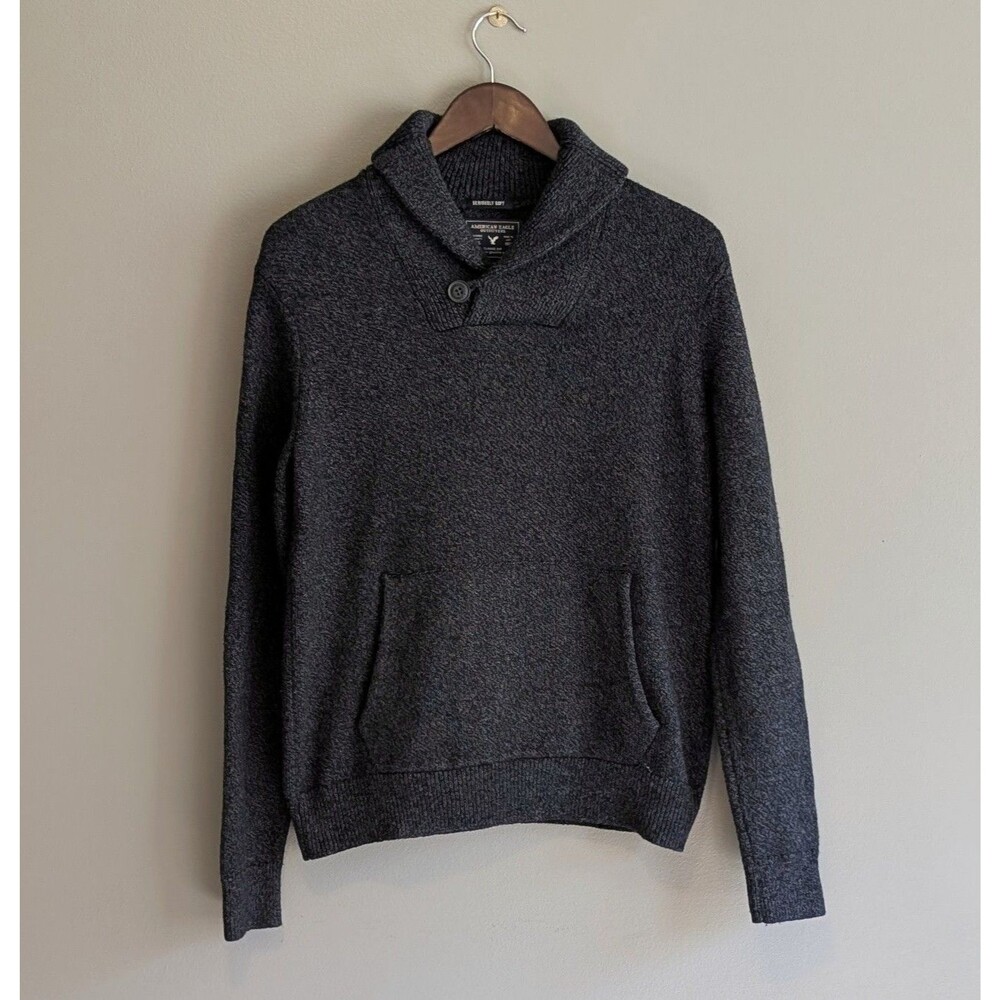 American Eagle Men S Gray Shawl Collar Sweater Grandpa Knit Pocket Preppy Small
